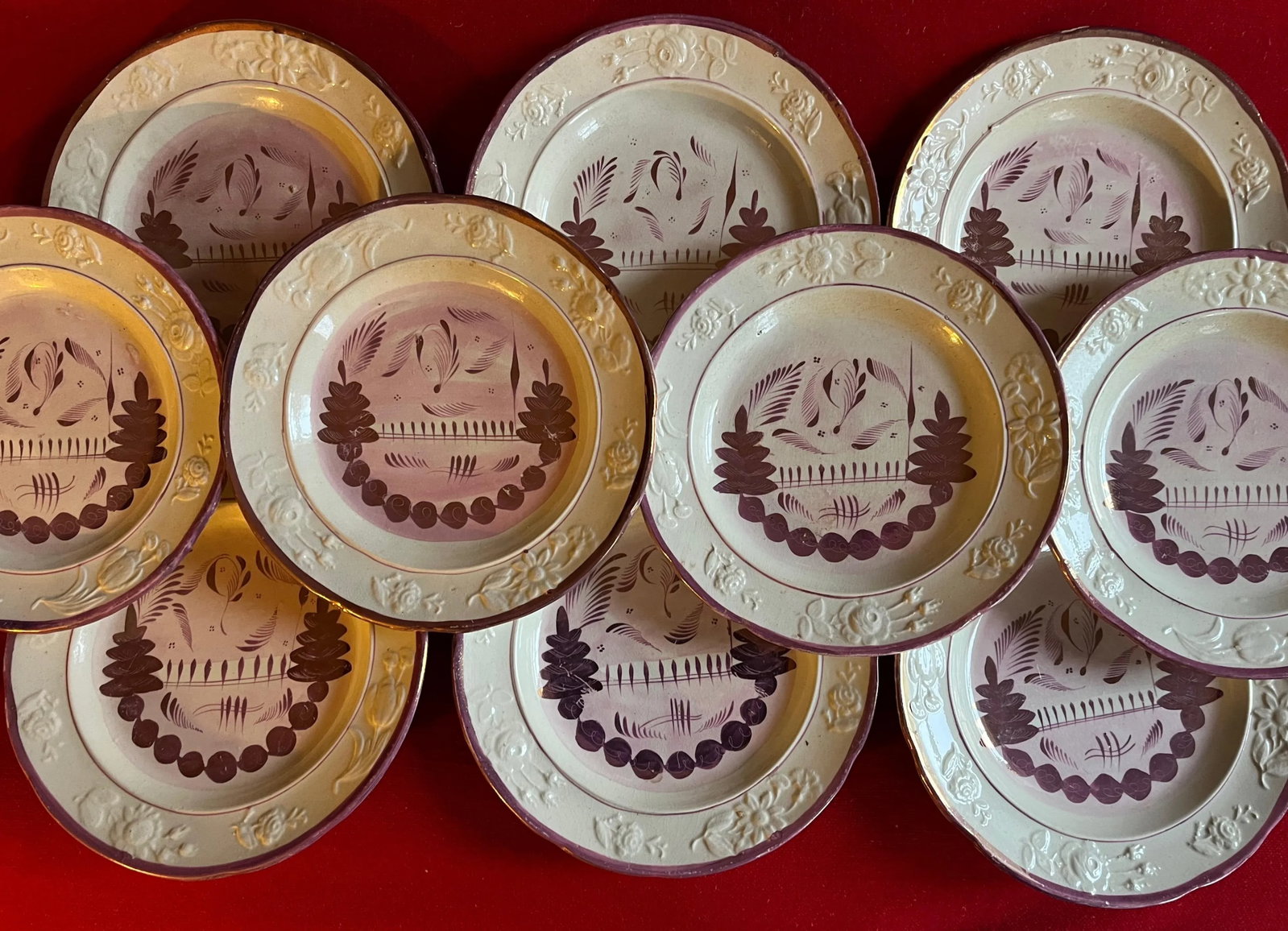Antique 19th Century English Pink Luster Plates - a Set of 10 - 2