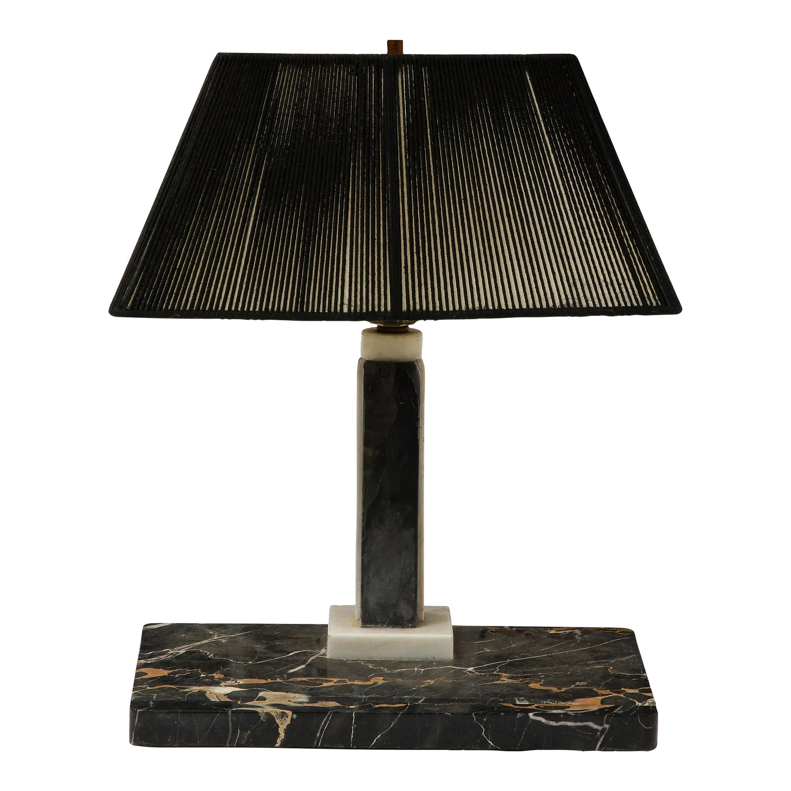 Black Marble Desk Lamp With Black String Shade: Mid-Century modern style black marble table or desk lamp with black string lamp shade. Has a pen ridge at front of marble base. Condition: Alterations: Original Condition Unaltered Imperfections: Some