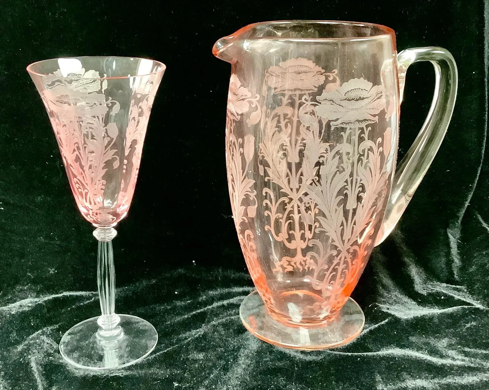 Tiffen Flanders Etched Pink Water Pitcher With Six Glasses - 2