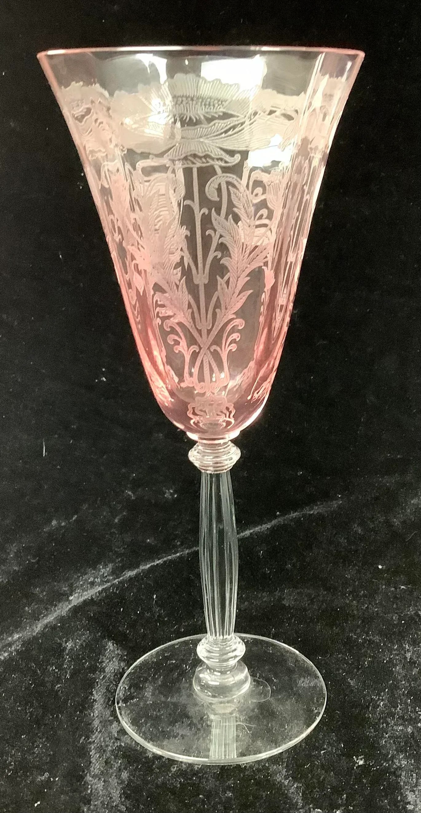 Tiffen Flanders Etched Pink Water Pitcher With Six Glasses - 6