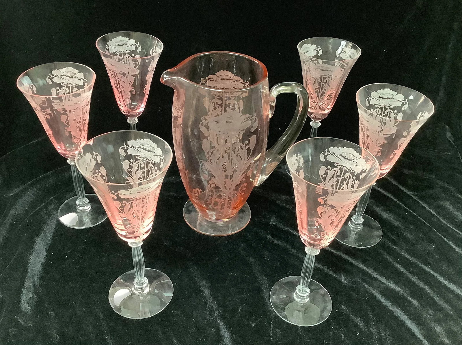 Tiffen Flanders Etched Pink Water Pitcher With Six Glasses - 9