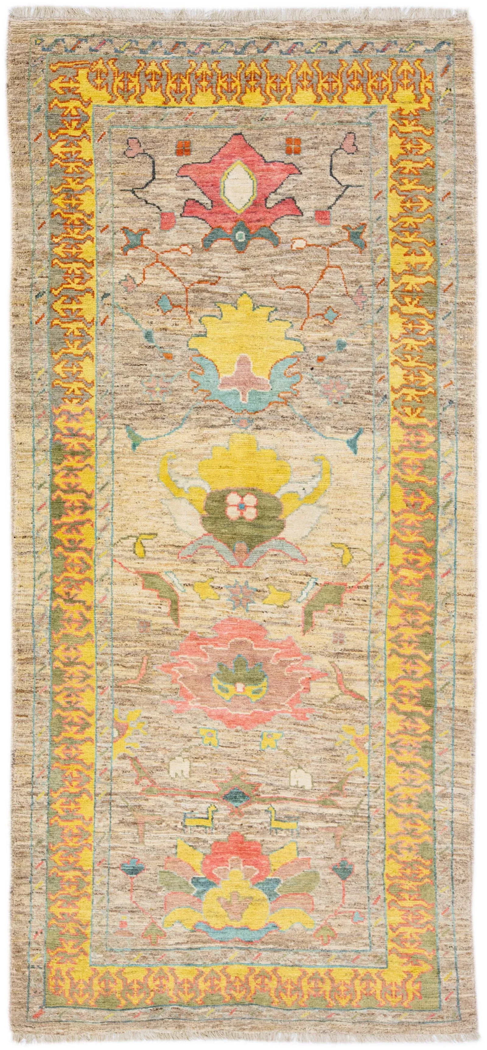 Brown Modern Oushak Floral Handmade Wool Runner - 11