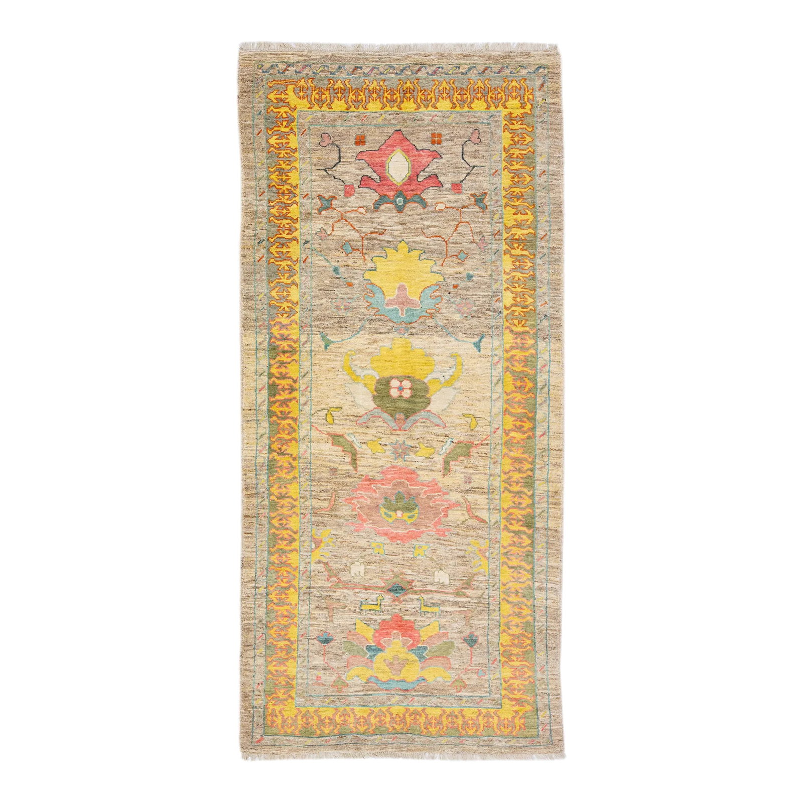 Brown Modern Oushak Floral Handmade Wool Runner: Beautiful modern Oushak hand-knotted wool rug with a brown field. This piece has multicolor accents in a gorgeous all-over geometric floral design. This rug measures: 4'11" x 10'8". Our rugs are