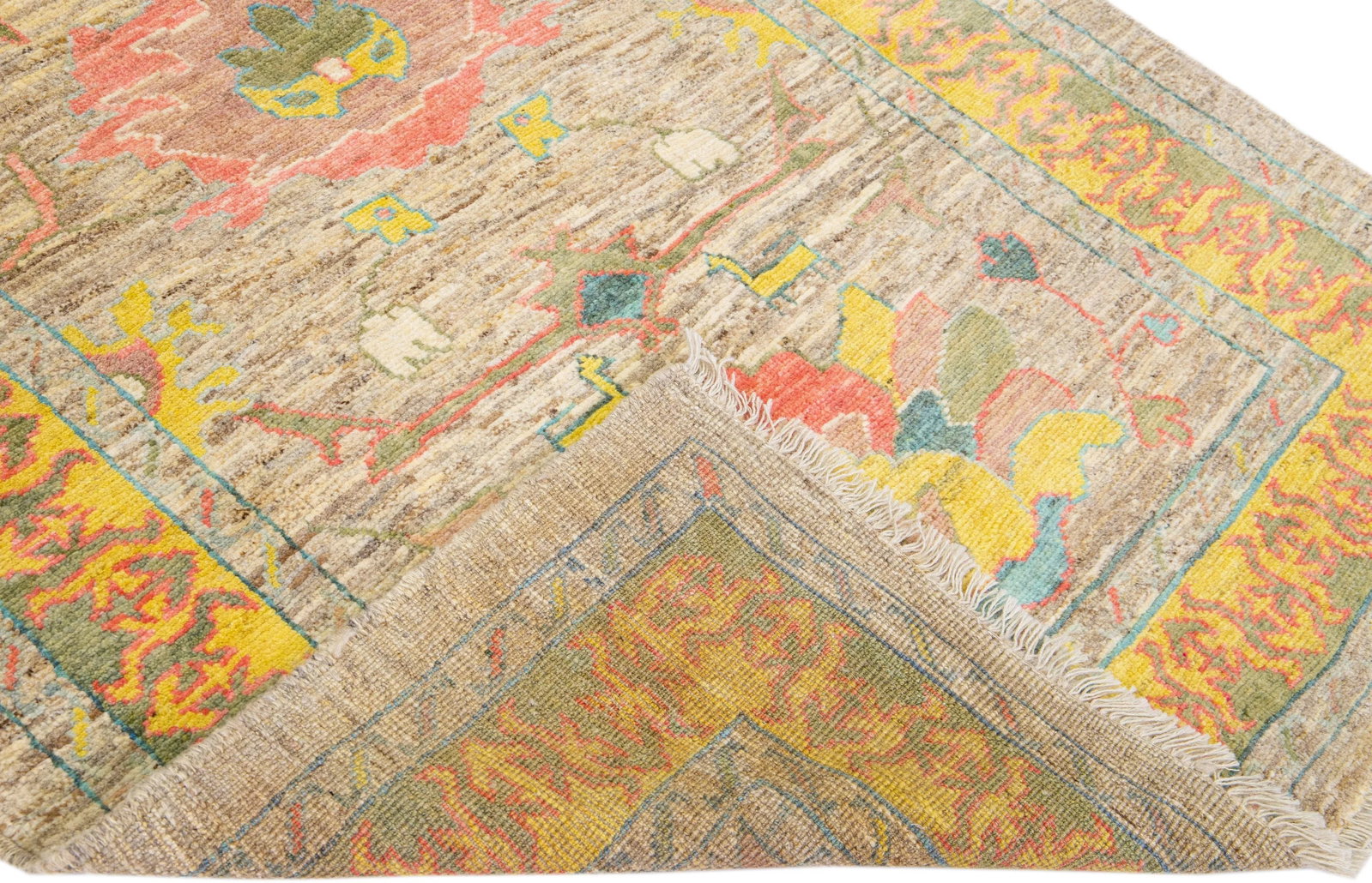 Brown Modern Oushak Floral Handmade Wool Runner - 2
