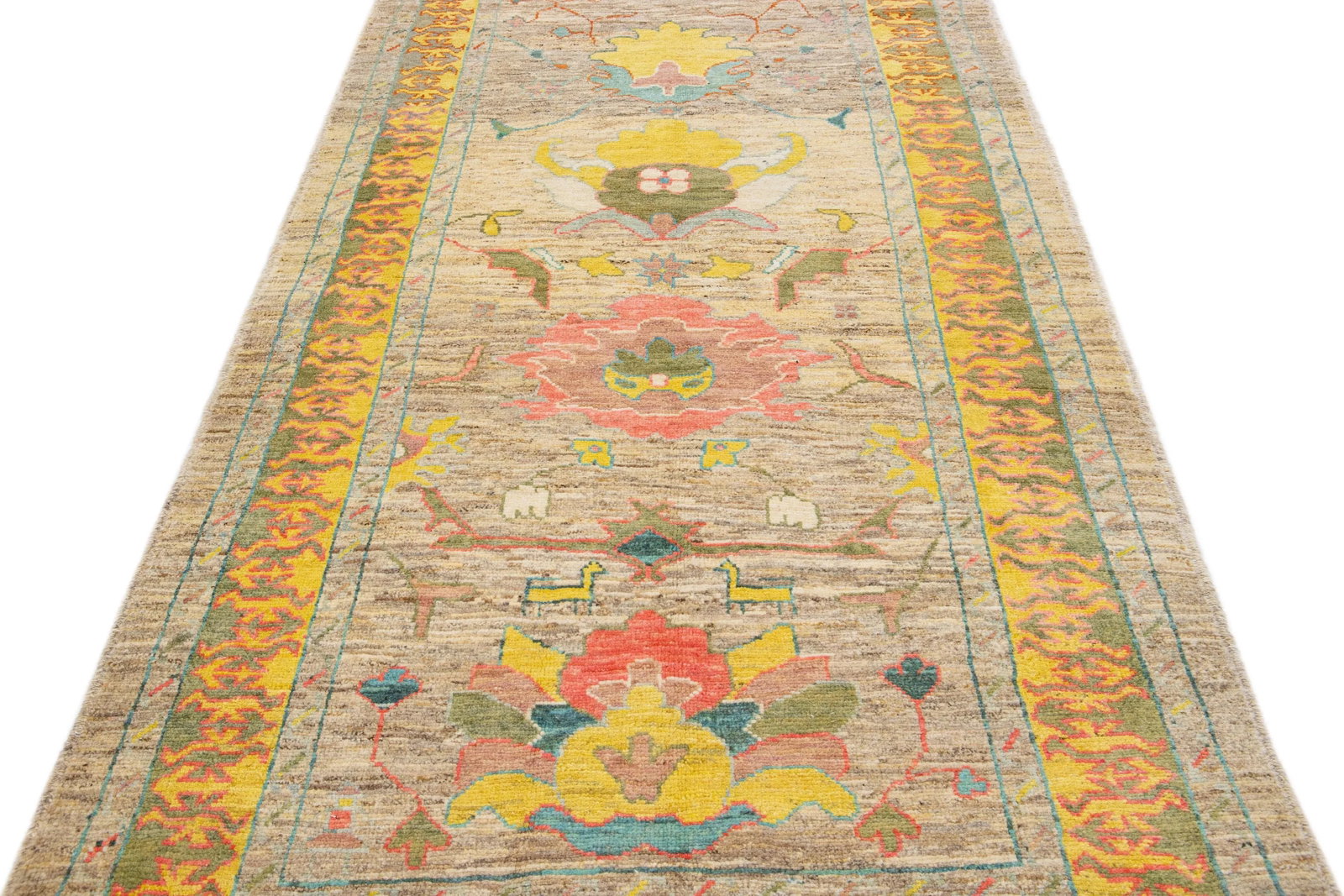 Brown Modern Oushak Floral Handmade Wool Runner - 3