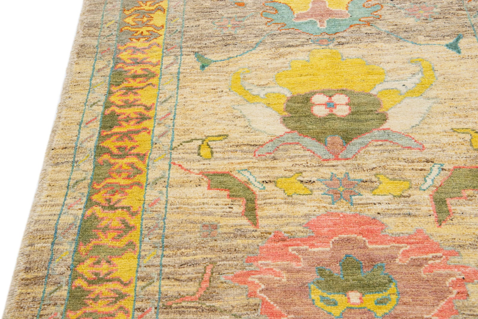 Brown Modern Oushak Floral Handmade Wool Runner - 7