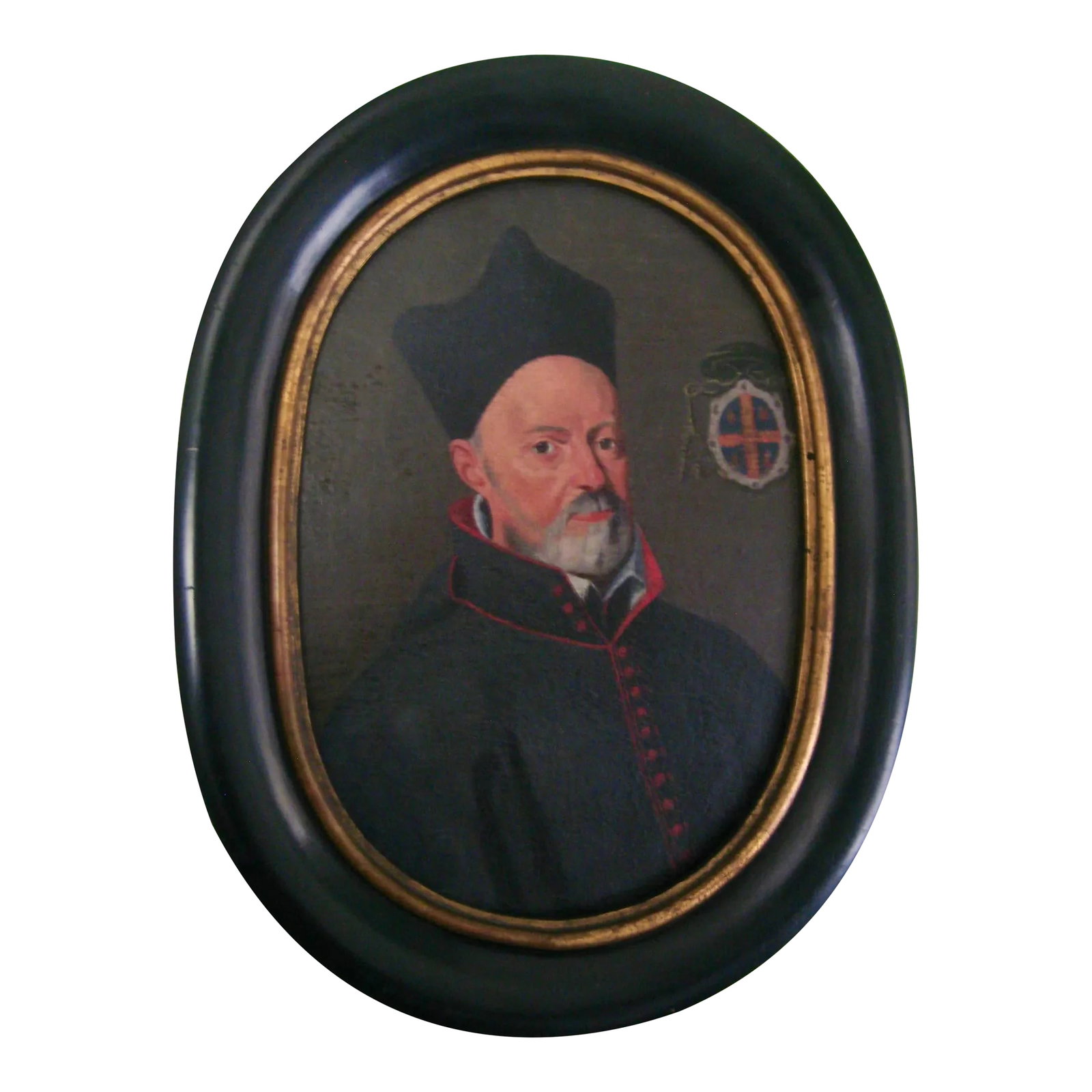 Antique Male Portrait Oil Painting with Bishop Coat of Arms: We have here a very lovely realistic oil painting oval portrait of a bishop , from nowadays Belgium in the traditional outfit with on the side the coat of arms with 6 tassels that show it s level in t