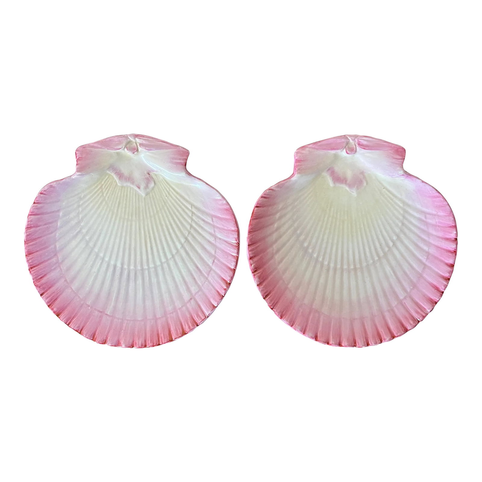 Antique 19th Century Small Wedgwood Pink Pearlware Scallop Sea Shell Dishes or Plates - a Pair: Antique pair 19th century Wedgwood pink pearlware scallop shell dishes. Small size - measure 5 1/8" wide x 5 1/8" tall x 3/4" in height. Good condition - each has a small chip on the backside rim - do