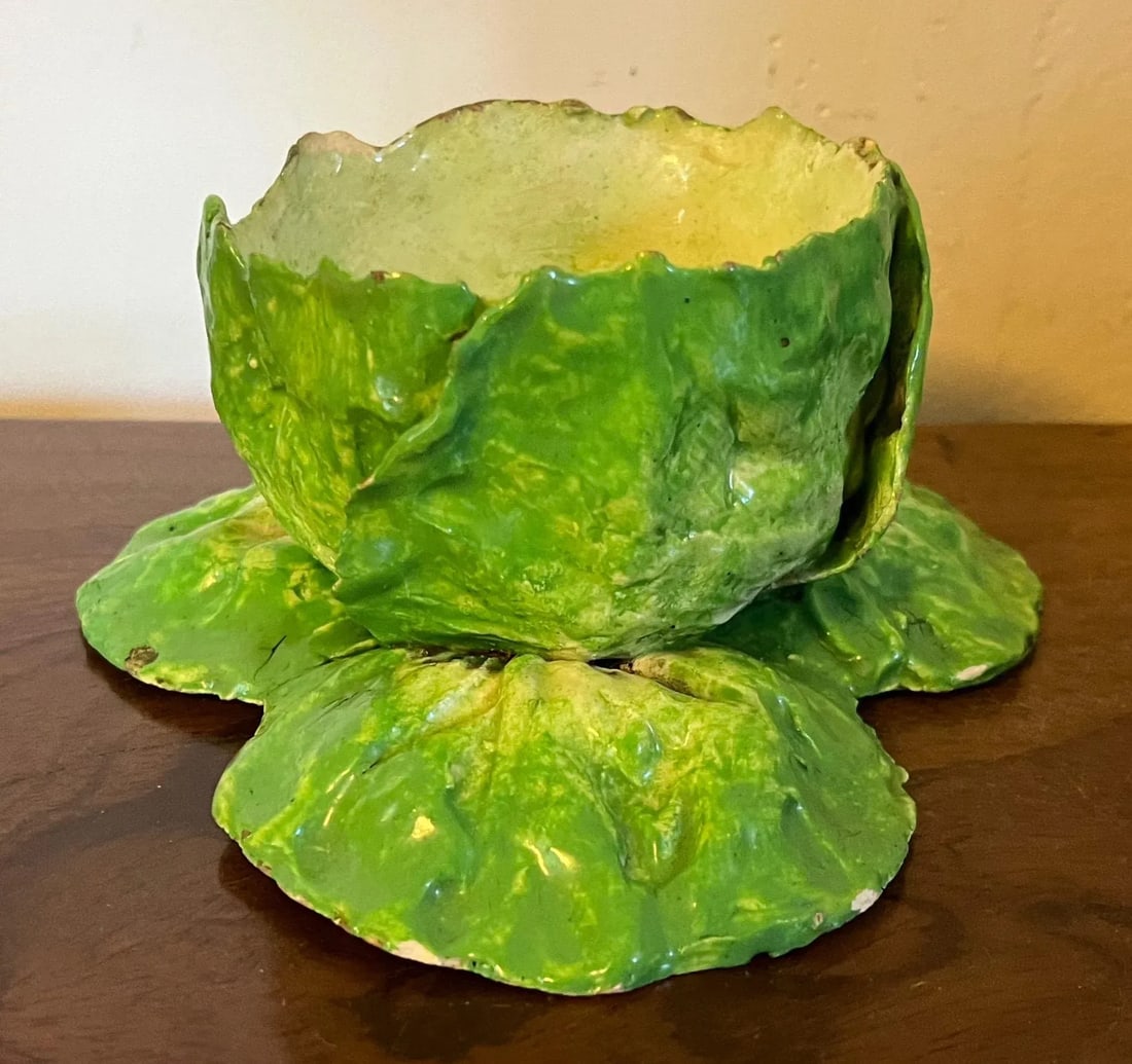 Antique 19th Century Italian Crown M Naples Napoli Lettuceware Cabbage Leaf Bowl - 12