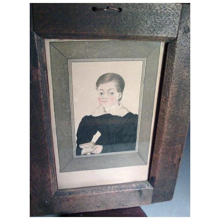 Antique Early 19th Century American Federal Miniature Portrait Painting of a Boy Holding a Book in I - 3