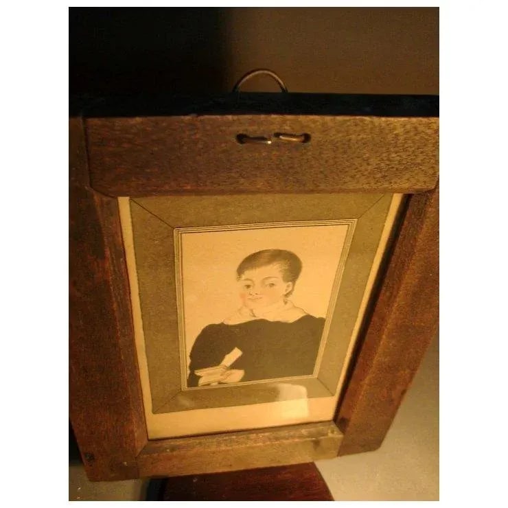 Antique Early 19th Century American Federal Miniature Portrait Painting of a Boy Holding a Book in I - 7