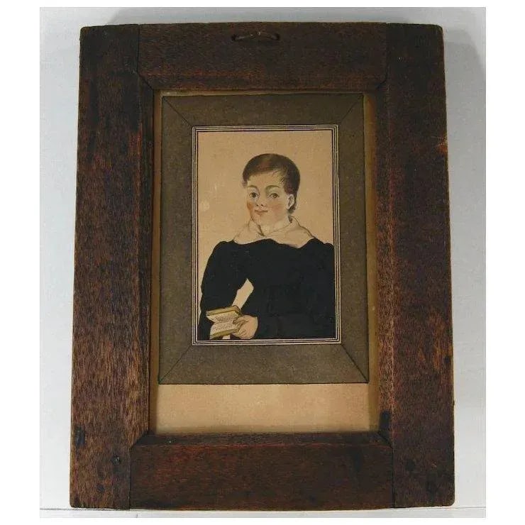 Antique Early 19th Century American Federal Miniature Portrait Painting of a Boy Holding a Book in I - 9