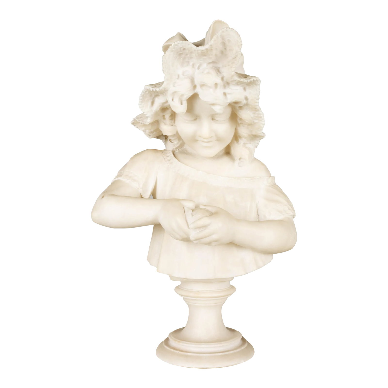 19th Century Pietro Giorgi Sculpture of Girl Peeling an Orange: A 19th Century Italian alabaster bust of a young girl with a frilled bonnet peeling a orange. After a work by Italian sculptor Pietro Giorgi. There is an old repaired crack at the foot of pedestal
