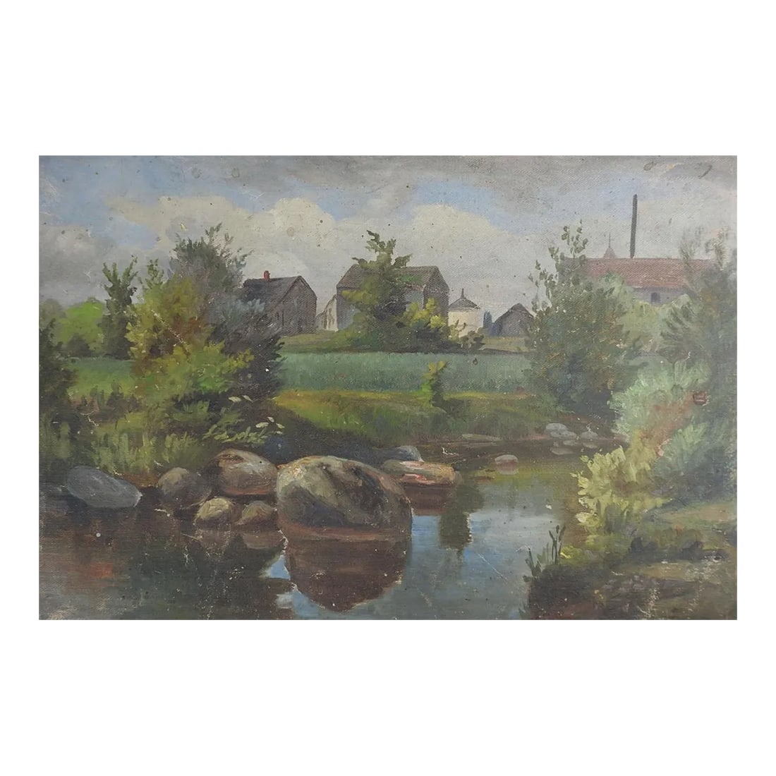 Vintage Early 20th Century European Farm Landscape Painting: Vintage early 20th century oil on canvas farmhouse, pond landscape painting. Unsigned. Unframed, canvas is flat and not on stretchers, overall age darkening, scattered small areas of paint loss.