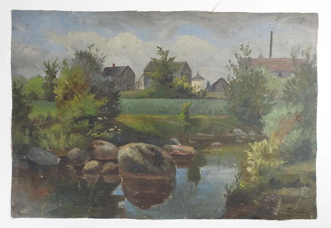 Vintage Early 20th Century European Farm Landscape Painting - 2