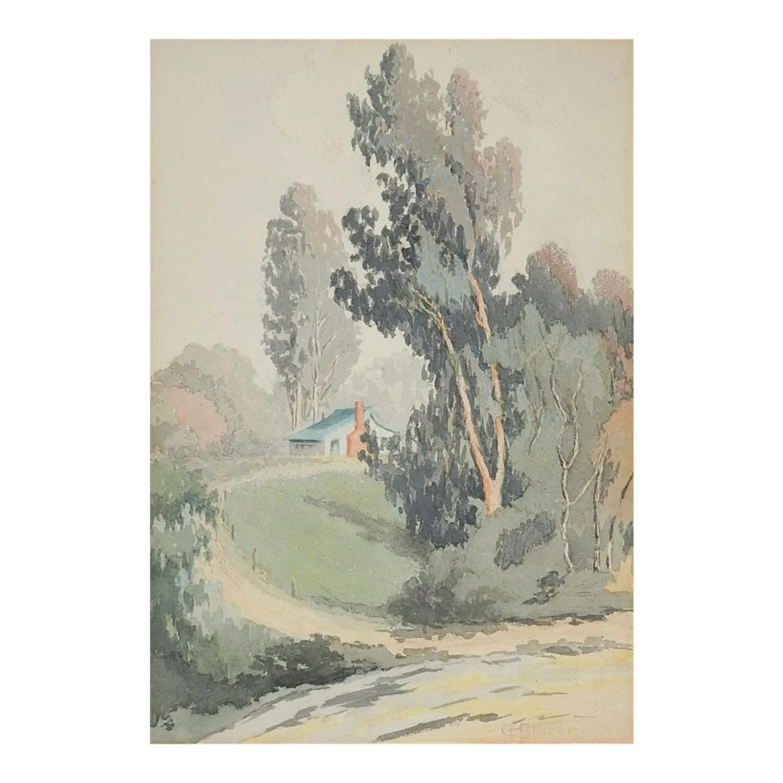 Early 20th Century Cabin and Landscape Watercolor Painting: Early 20th Century cabin and landscape watercolor on artist board painting. Signed illegibly lower right corner. Unframed, age toning, tape remains on verso. Condition: Alterations: Original Condition