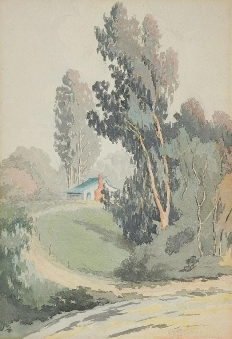 Early 20th Century Cabin and Landscape Watercolor Painting - 5