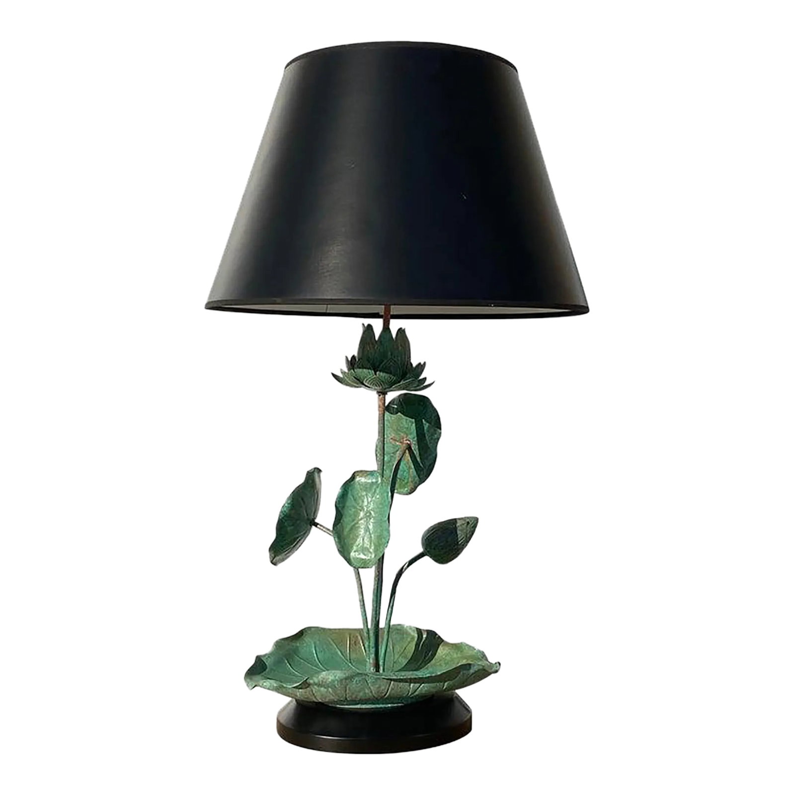 1970s Verdigris Patina Brass Lotus Lamp: Brass lotus table lamp in verdigris patina attributed to Feldman Lighting Co. Shade is included. Condition: Alterations: Unknown Imperfections: Some Imperfections Condition Notes: Good Wear consistent
