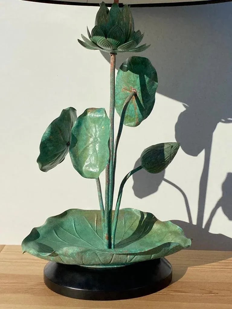 1970s Verdigris Patina Brass Lotus Lamp - 3
