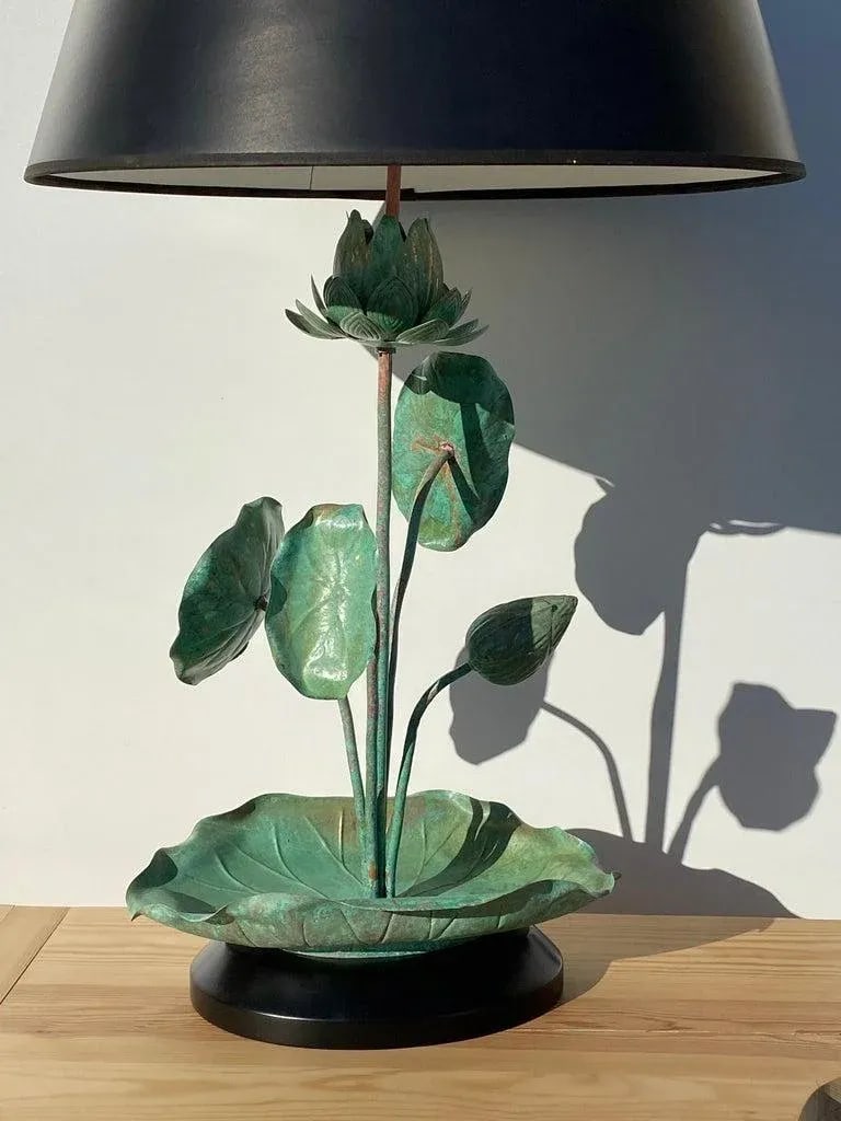 1970s Verdigris Patina Brass Lotus Lamp - 4