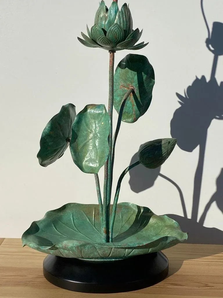 1970s Verdigris Patina Brass Lotus Lamp - 5