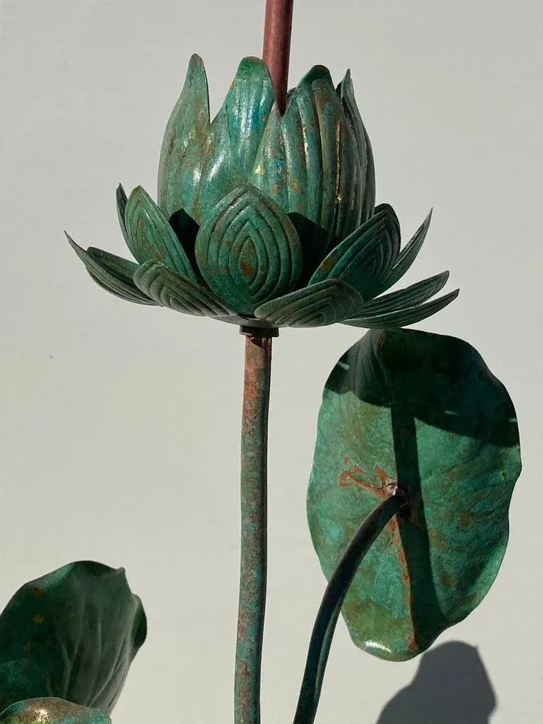 1970s Verdigris Patina Brass Lotus Lamp - 6