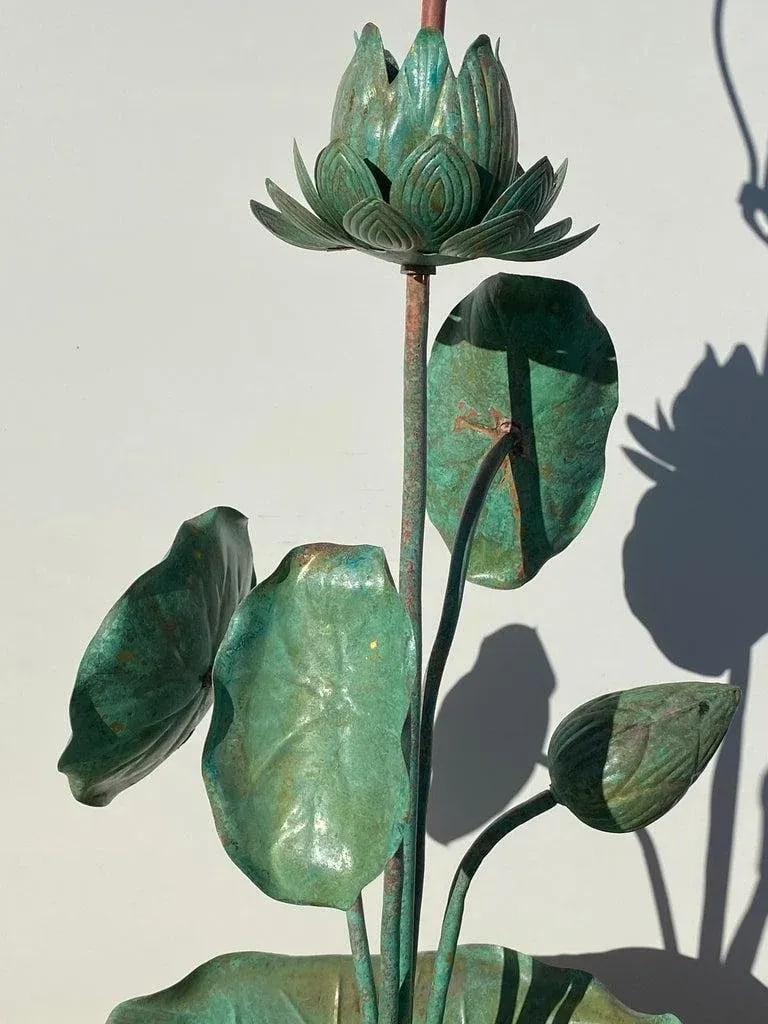 1970s Verdigris Patina Brass Lotus Lamp - 8