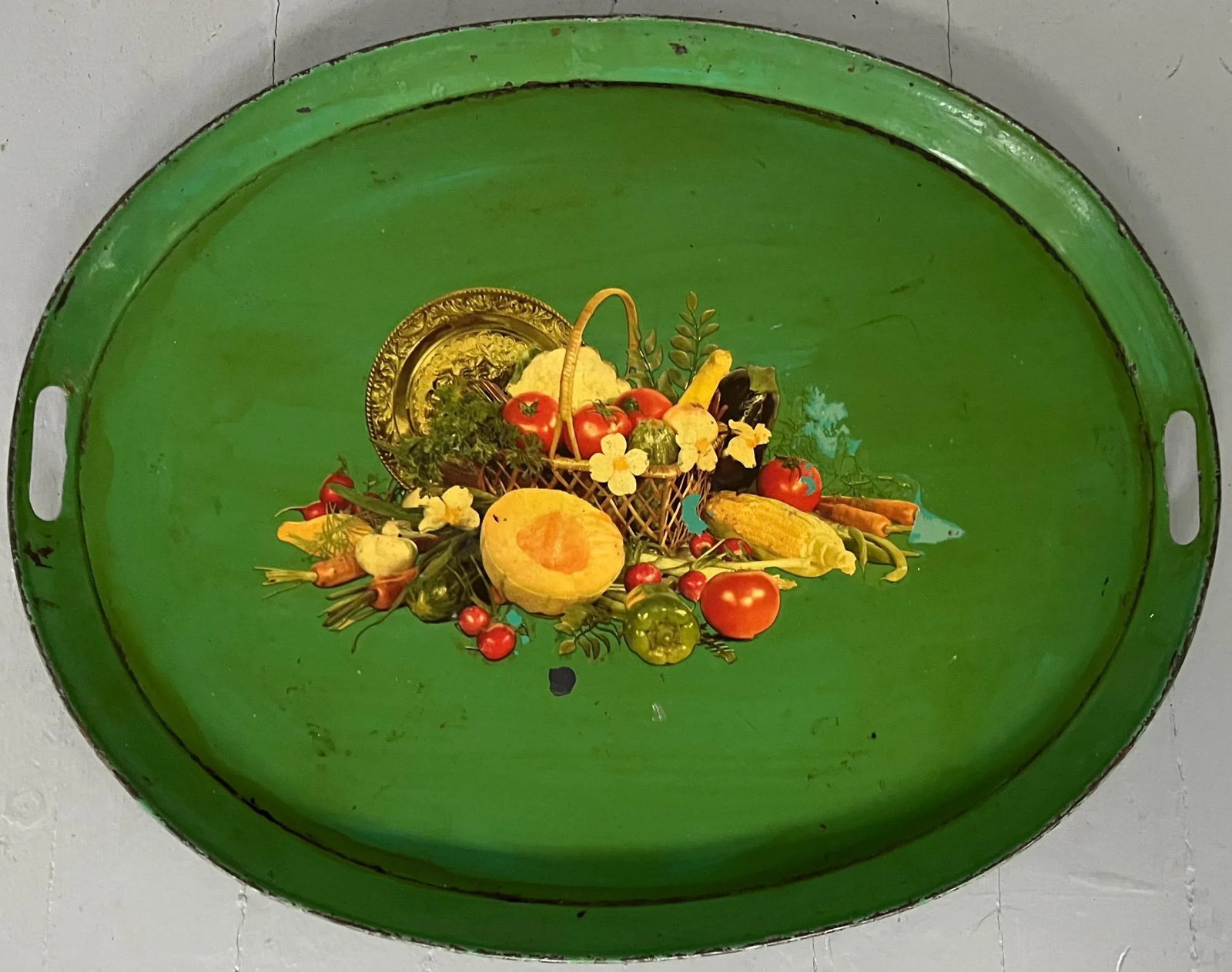 Antique 19th Century French Tole Serving Tray With Mid-Century Decal - 11