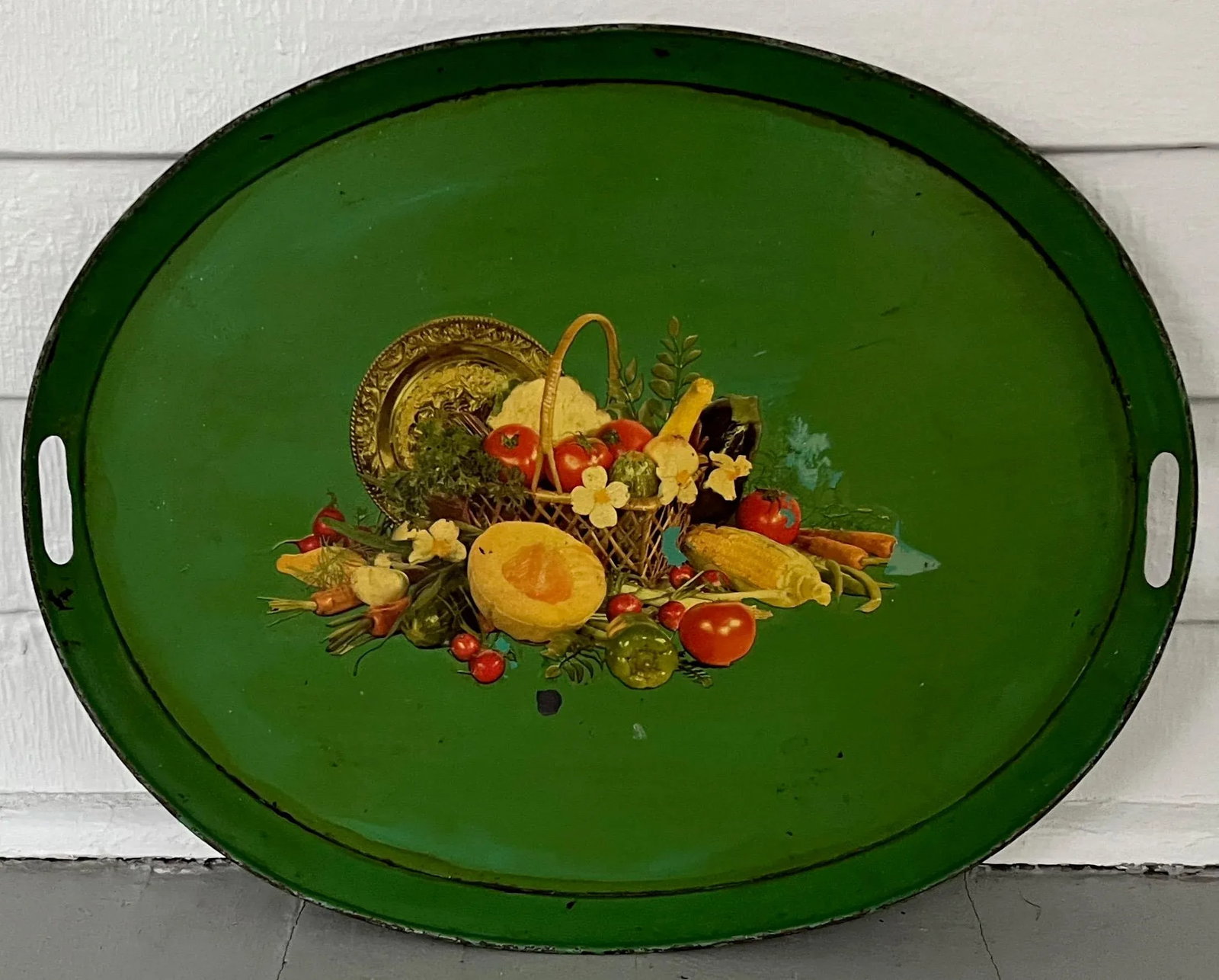 Antique 19th Century French Tole Serving Tray With Mid-Century Decal - 12
