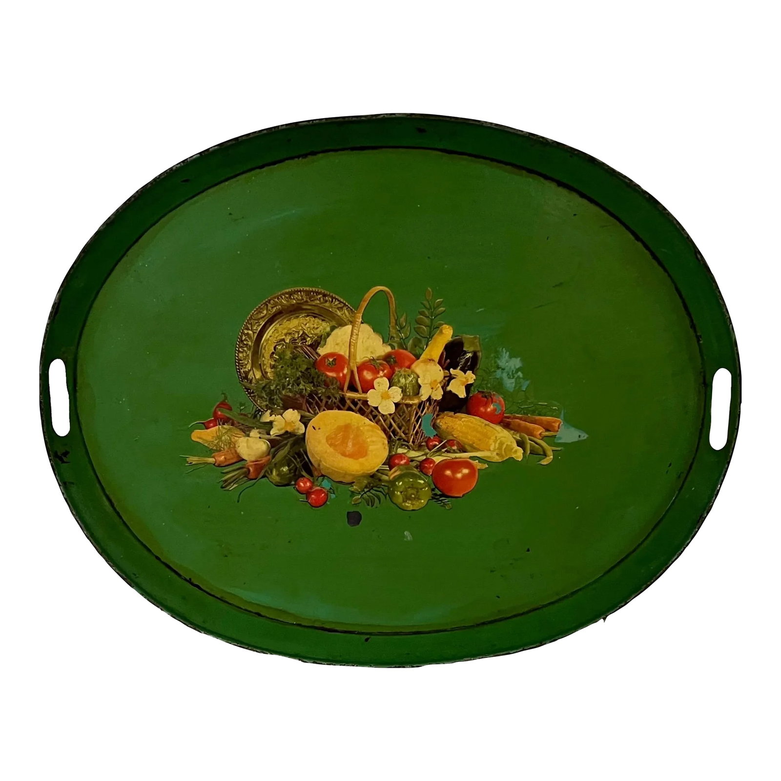 Antique 19th Century French Tole Serving Tray With Mid-Century Decal: Antique 19th century French tole tray with in bright green with later Mid-Century decal of fruit and vegetables. Rolled lip construction with cut out handles at the sides. Measures 21" x 16 3/4" x 1 1