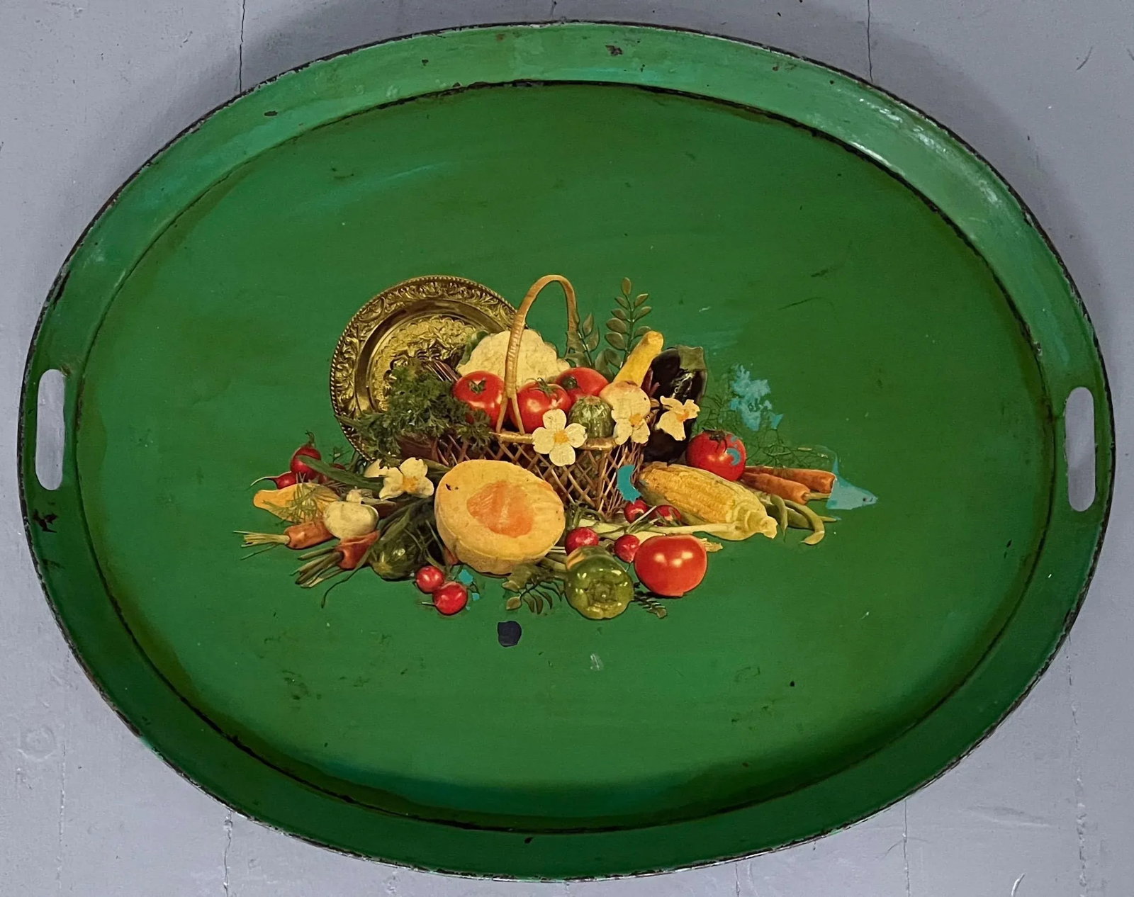 Antique 19th Century French Tole Serving Tray With Mid-Century Decal - 2