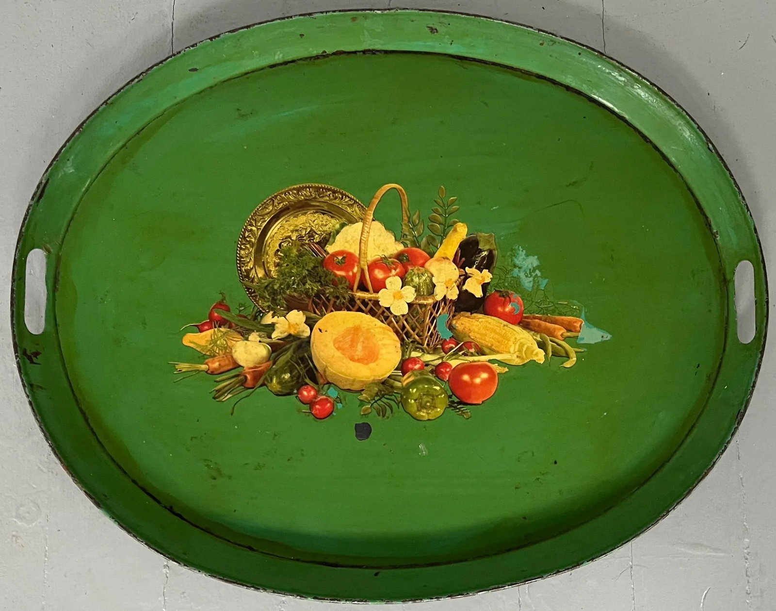 Antique 19th Century French Tole Serving Tray With Mid-Century Decal - 4
