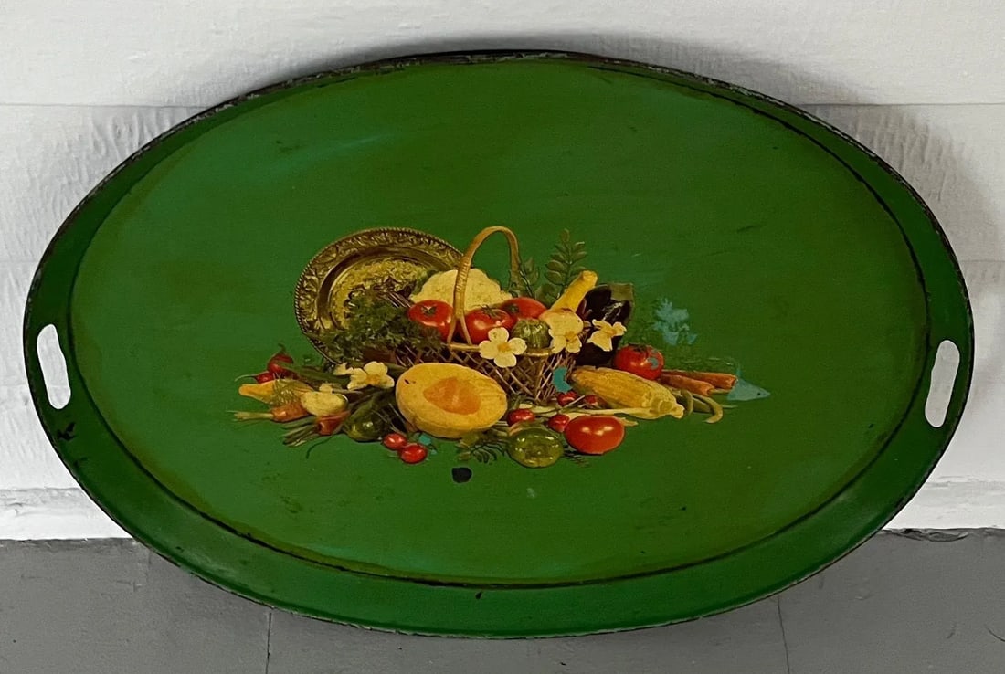 Antique 19th Century French Tole Serving Tray With Mid-Century Decal - 5