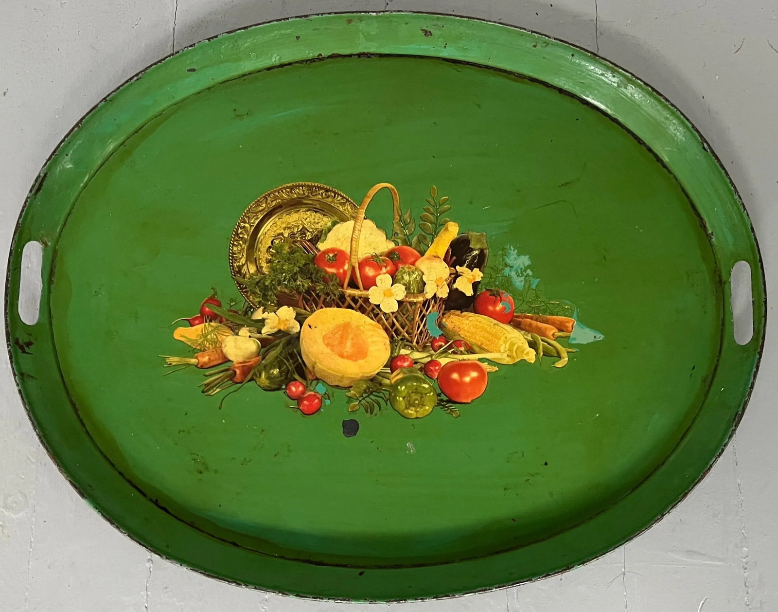 Antique 19th Century French Tole Serving Tray With Mid-Century Decal - 9