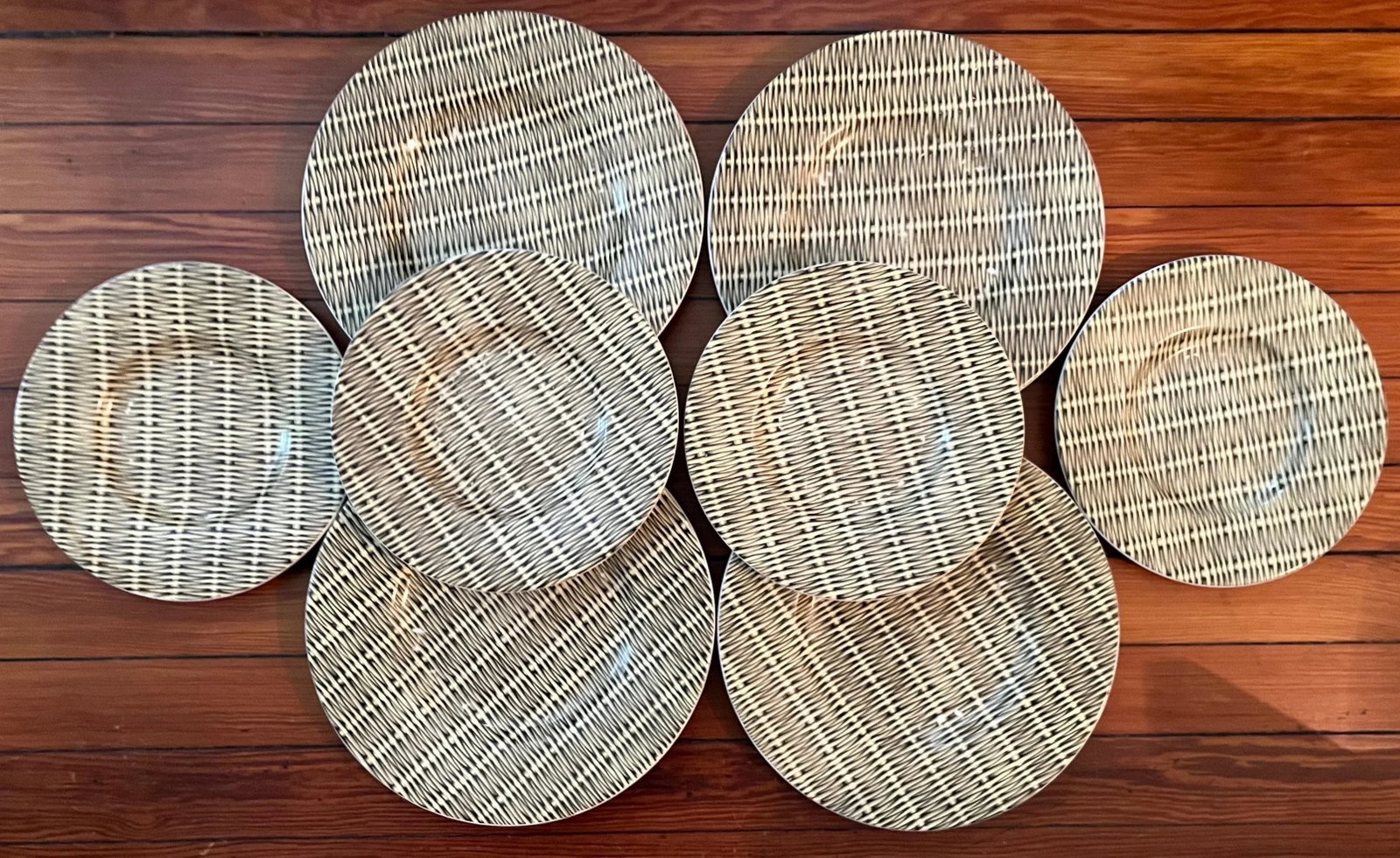 Mid-Century Modern French Pottery Basketweave Faux Wicker Plates Molin Charolles - Set of 8 - 10