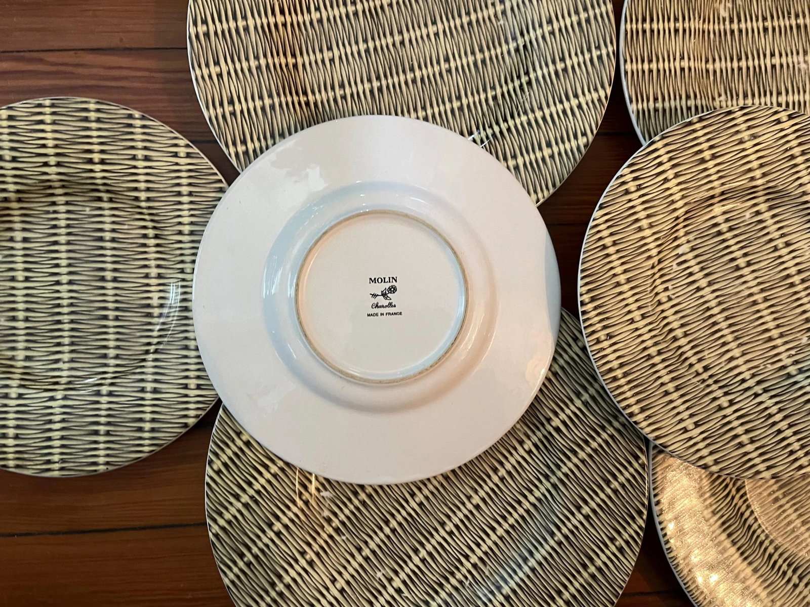 Mid-Century Modern French Pottery Basketweave Faux Wicker Plates Molin Charolles - Set of 8 - 6