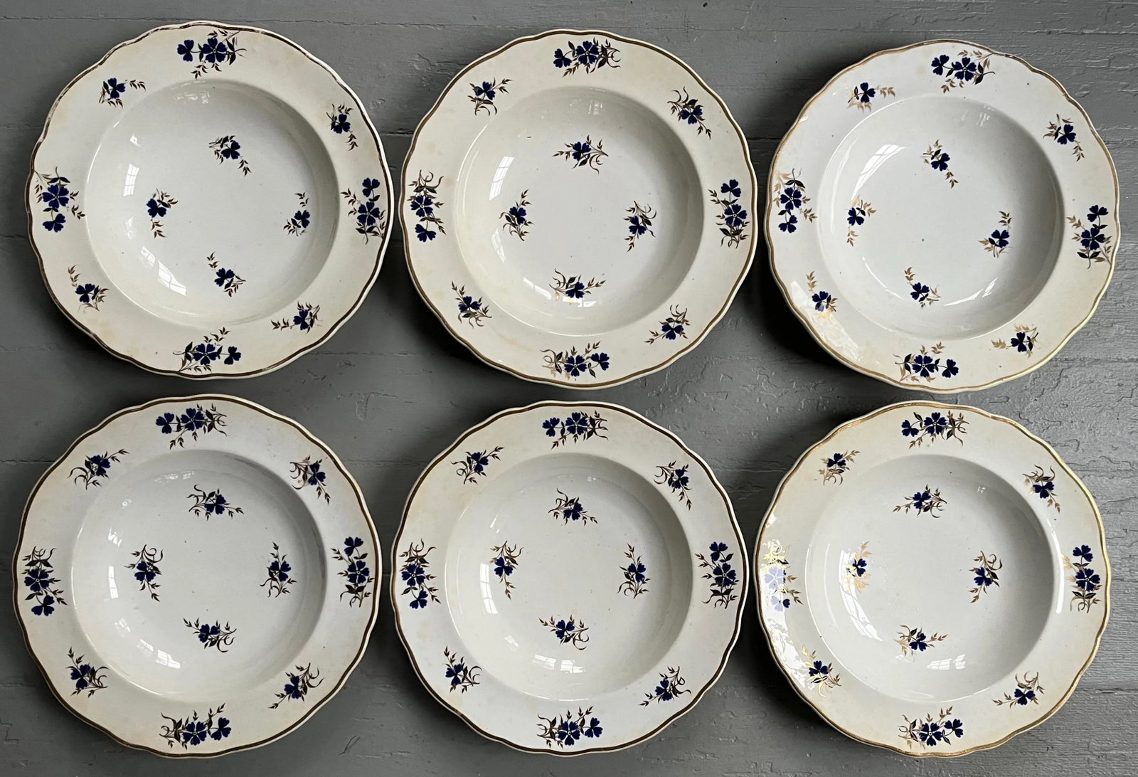 Antique 19th Century Royal Crown Derby Sprig Cornflower Porcelain Soup Bowls or Plates 1820 - Set of - 11