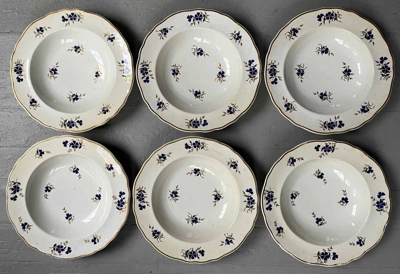 Antique 19th Century Royal Crown Derby Sprig Cornflower Porcelain Soup Bowls or Plates 1820 - Set of - 12