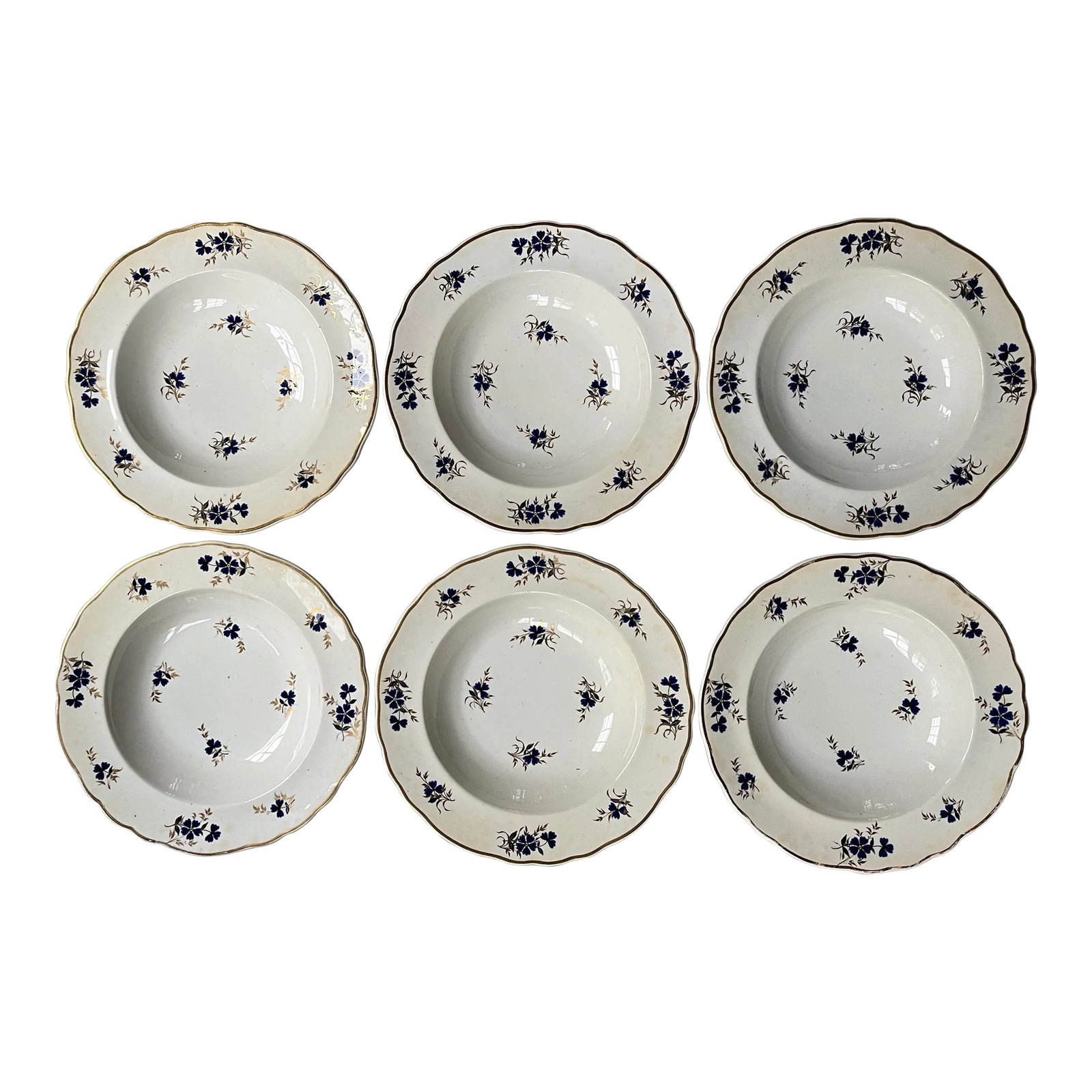 Antique 19th Century Royal Crown Derby Sprig Cornflower Porcelain Soup Bowls or Plates 1820 - Set of (1 of 12)