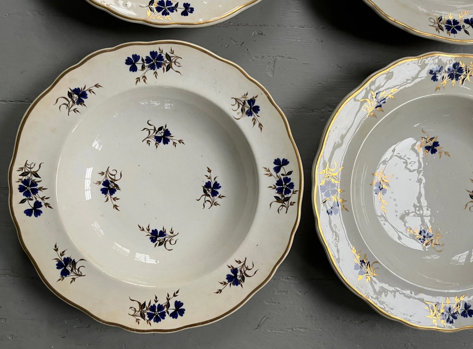 Antique 19th Century Royal Crown Derby Sprig Cornflower Porcelain Soup Bowls or Plates 1820 - Set of - 2