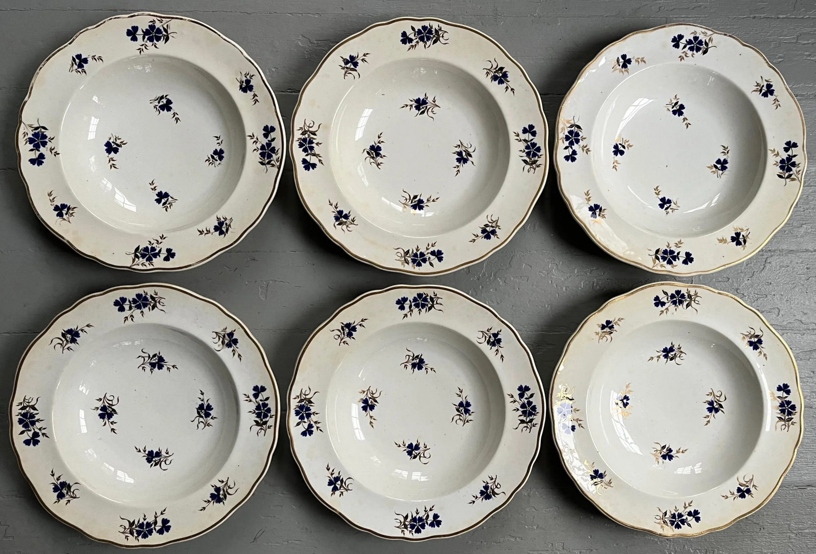 Antique 19th Century Royal Crown Derby Sprig Cornflower Porcelain Soup Bowls or Plates 1820 - Set of - 3
