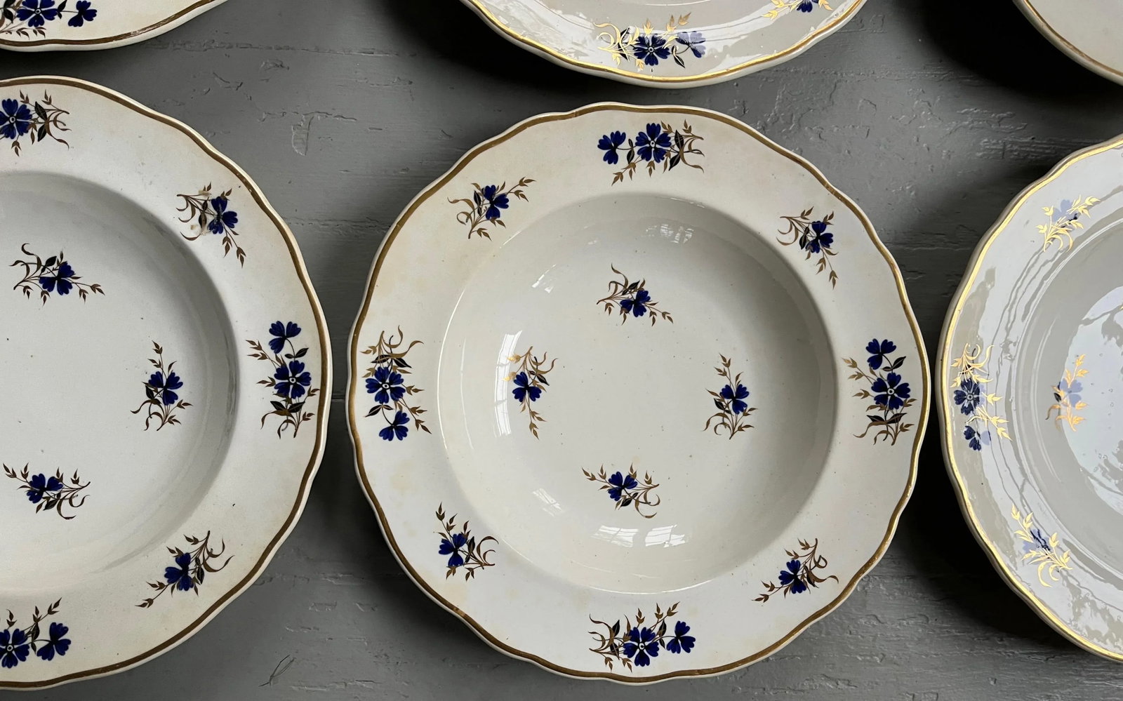 Antique 19th Century Royal Crown Derby Sprig Cornflower Porcelain Soup Bowls or Plates 1820 - Set of - 4