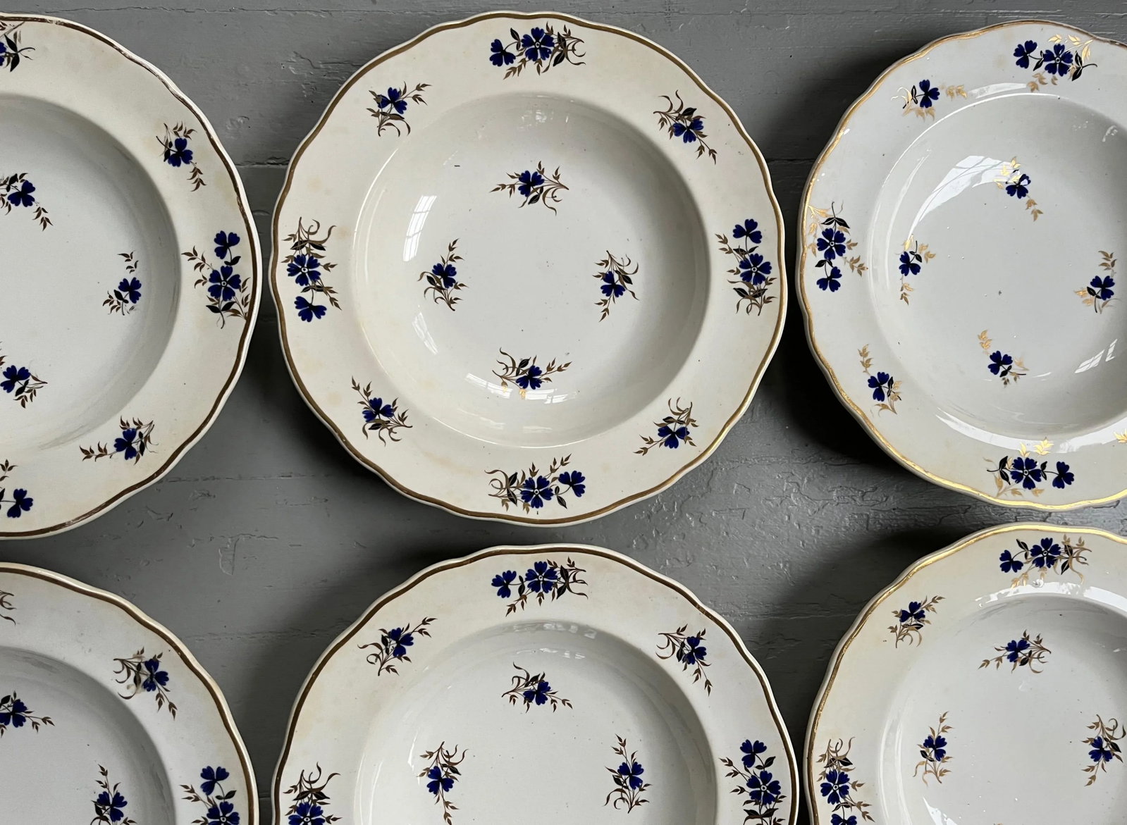 Antique 19th Century Royal Crown Derby Sprig Cornflower Porcelain Soup Bowls or Plates 1820 - Set of - 5