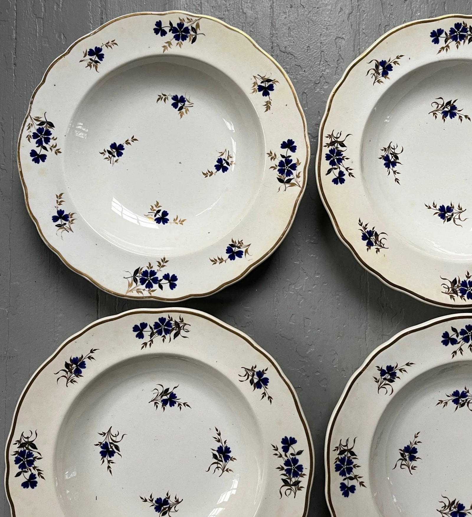 Antique 19th Century Royal Crown Derby Sprig Cornflower Porcelain Soup Bowls or Plates 1820 - Set of - 6