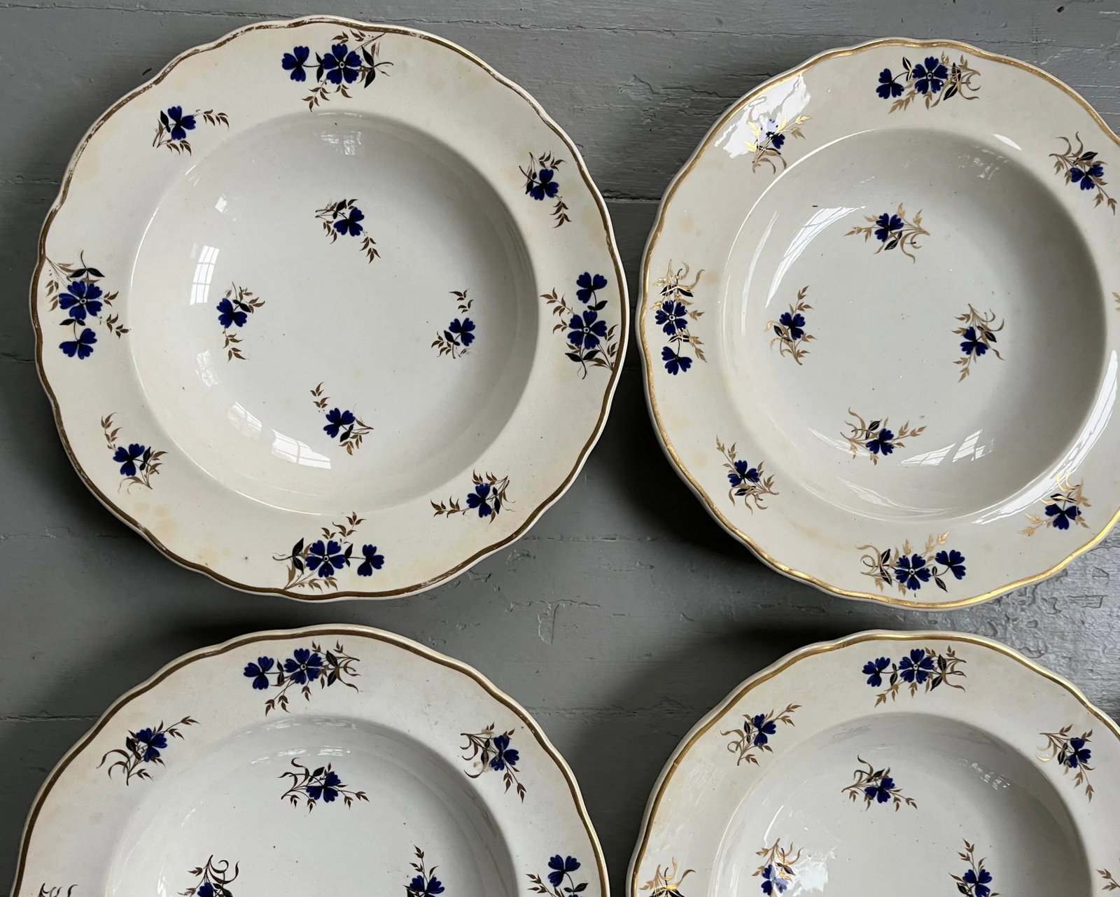 Antique 19th Century Royal Crown Derby Sprig Cornflower Porcelain Soup Bowls or Plates 1820 - Set of - 7