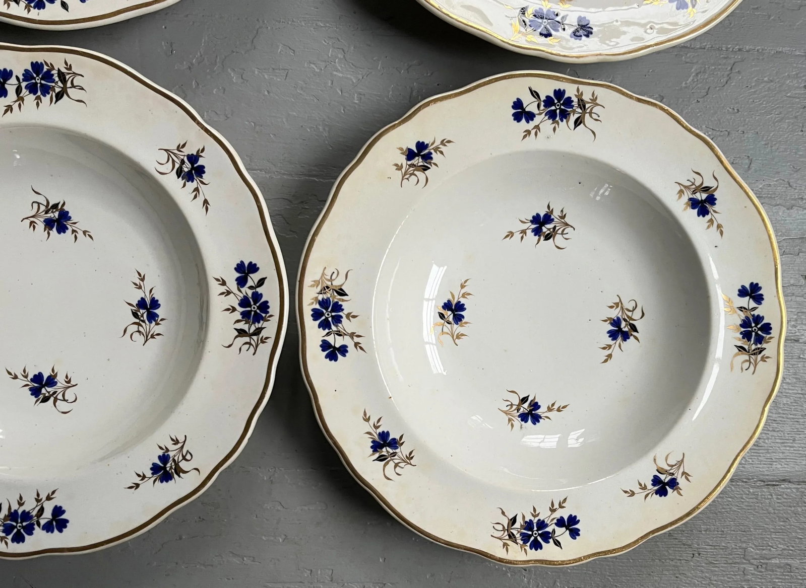Antique 19th Century Royal Crown Derby Sprig Cornflower Porcelain Soup Bowls or Plates 1820 - Set of - 8