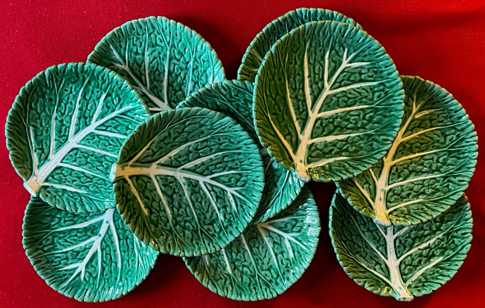Vintage Cabbage or Lettuce Leaf Pottery Serving Plates Lettuceware - Set of 10 - 13