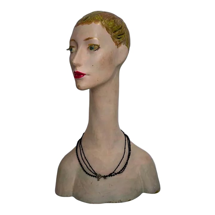 Rare Art Deco Wolf Mannequin: Incredible one of a kind fiberglass Art Deco Wolf & Vine Mannequin bust! Included is the antique Black Jet necklace she was wearing when I found her many years ago at an upscale textile show in New Yo
