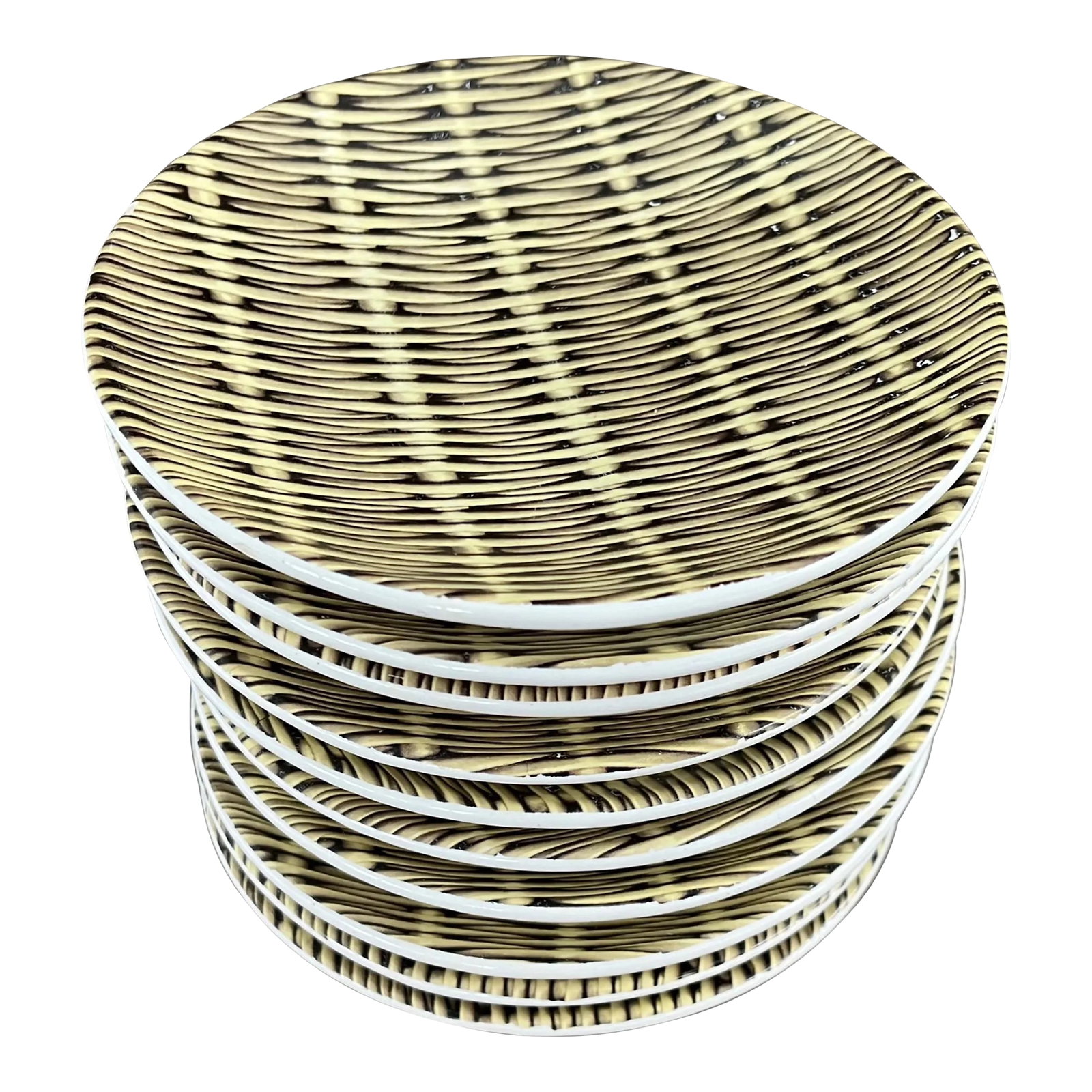 Mid-Century Modern French Pottery Basketweave Faux Wicker Side Plates or Small Low Bowls Molin Charo: Set of ten Jacques Molin Mid-Century Modern 1950's French pottery side plates or small low bowls in an overall basketweave pattern. Marked Molin on the base. Measure 5 7/8" diameter. Good condition - 