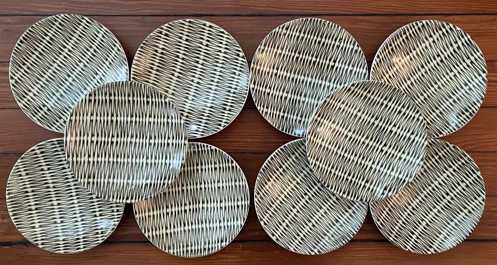 Mid-Century Modern French Pottery Basketweave Faux Wicker Side Plates or Small Low Bowls Molin Charo - 2